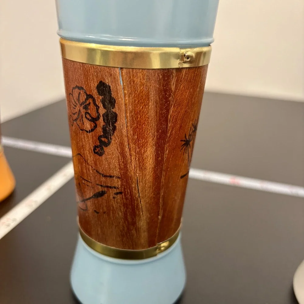 Vintage Siesta Ware Tiki Tumblers 6.5in Multi Color Genuine Mahogany Wood Set 4
